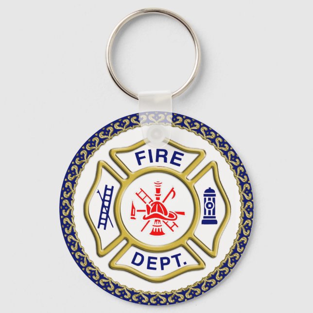 Fire Department logo Blue And White Badge Keychain (Front)