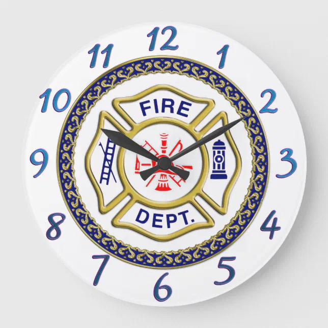 Fire Department logo Blue And White Badge Large Clock | Zazzle