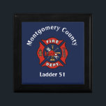 Fire Department Logo Custom  Gift Box<br><div class="desc">Stylish design for firehouses,  firefighters and their families,  features red generic fire department logo on dark blue background. Customize with city or county department details or firefighter name in modern white font</div>