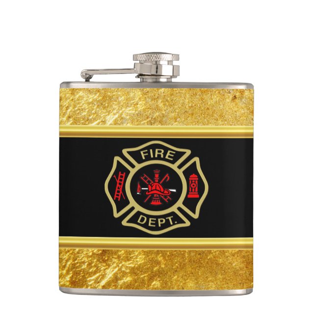 Fire Department logo Gold And Back Badge gold Flask (Front)