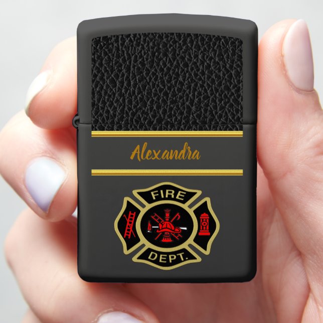 Fire Department logo Gold And Back Badge gold Zippo Lighter (In Hand)