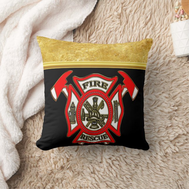 Fire Department logo Gold And Red Badge gold foil Throw Pillow (Blanket)