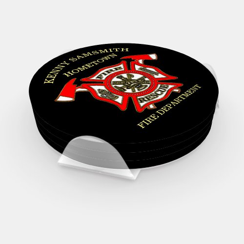 Fire Department logo Gold And Red Badge With Axes Coaster Set