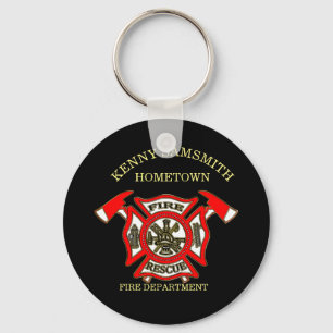 Fire Department logo Gold And Red Badge With Axes Keychain