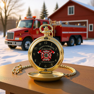 Fire Department logo Gold And Red Badge With Fire Pocket Watch