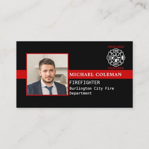 Fire Department Photo Logo Red Line Firefighter Business Card