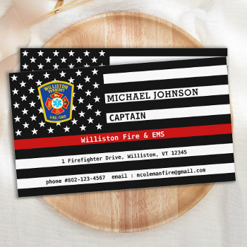 Fire Department Thin Red Line Emblem Firefighter Business Card by BlackDogArtJudy at Zazzle
