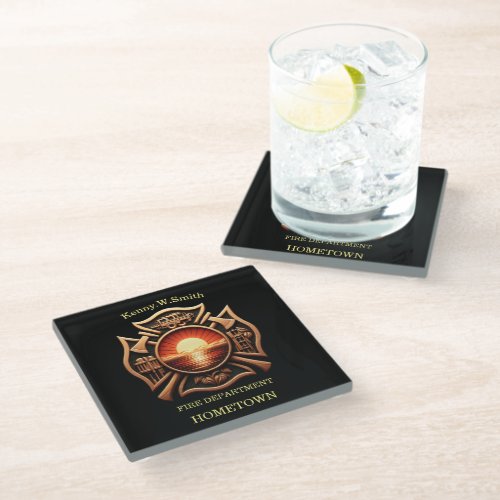 Fire Departments Badge of Honor Black And Red Glass Coaster