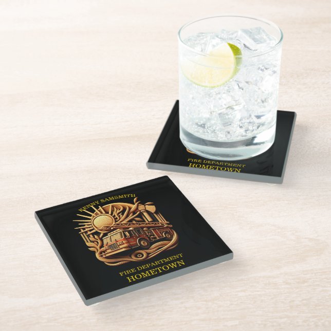 Fire Departments Badge of protecting the community Glass Coaster (Angled)