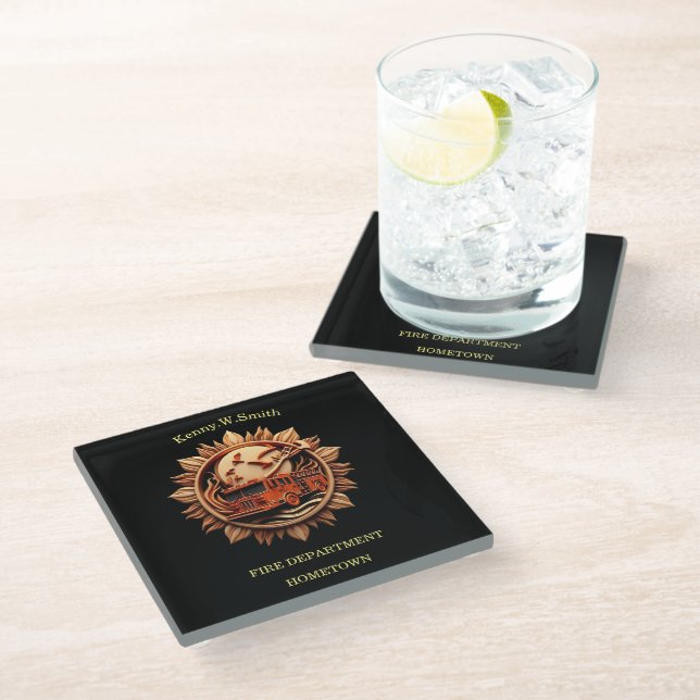 Fire Departments Badge radiating prestige, Honor Glass Coaster (Angled)