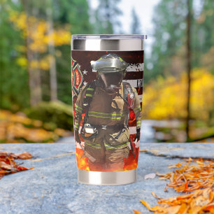 Fire Dept Emblem Diamond Plate Flames Insulated Tumbler