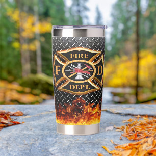 Fire Dept Emblem Diamond Plate Flames Insulated Tumbler