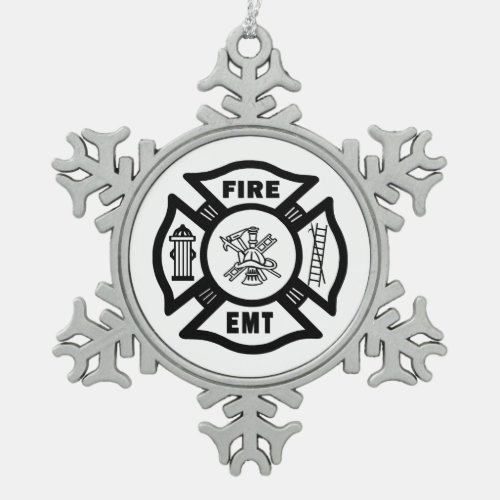 Fire Dept EMT Snowflake Pewter Christmas Ornament