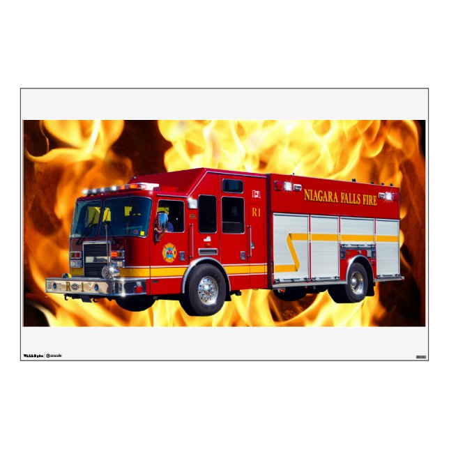 Fire Dept Fire Truck & Flames Wall Decal (Front)