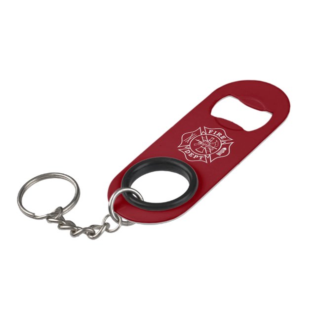 Fire Dept Maltese Cross Bottle Opener Keychain (Front Angled)
