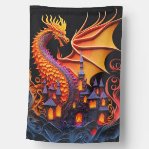 Fire Dragon Castle Fantasy Art Mythical Creatures House Flag