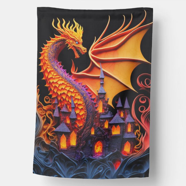 Fire Dragon Castle Fantasy Art Mythical Creatures House Flag (Front)