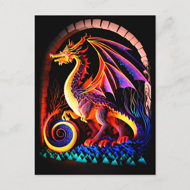 Fire Dragon Castle Fantasy Art Mythical Creatures Postcard (Front)