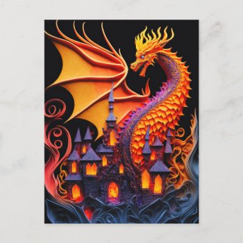 Fire Dragon Castle Fantasy Art Mythical Creatures Postcard by azlaird at Zazzle