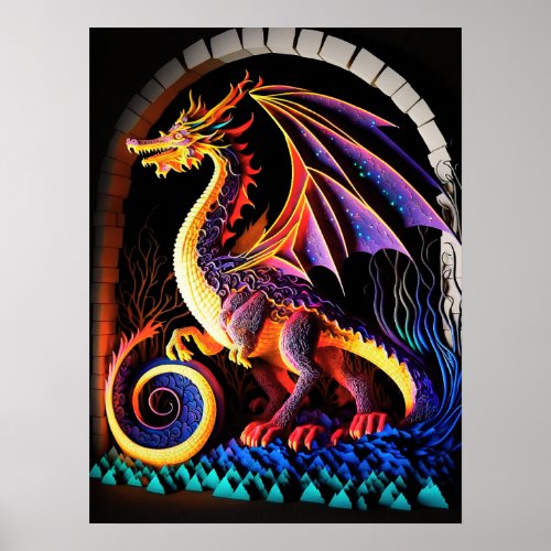 Fire Dragon Castle Fantasy Art Mythical Creatures Poster