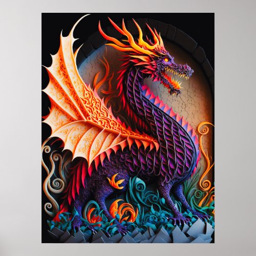 Fire Dragon Castle Fantasy Art Mythical Creatures Poster