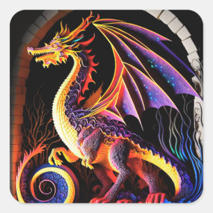 Fire Dragon Castle Fantasy Art Mythical Creatures Square Sticker