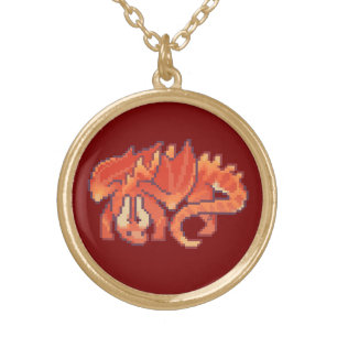 Fire dragon, firedragon, Pixelart, pixel art Gold Plated Necklace