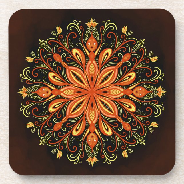 Fire Element Mandala - Kaleidoscopic Flame Creatur Beverage Coaster (Front)