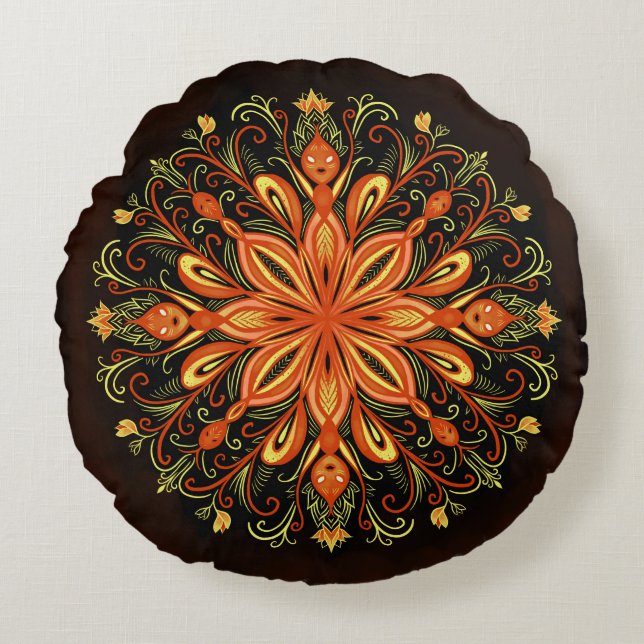 Fire Element Mandala - Kaleidoscopic Flame Creatur Round Pillow (Front)