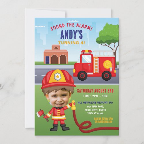 Fire Engine Birthday Fireman Party Face Photo Invitation