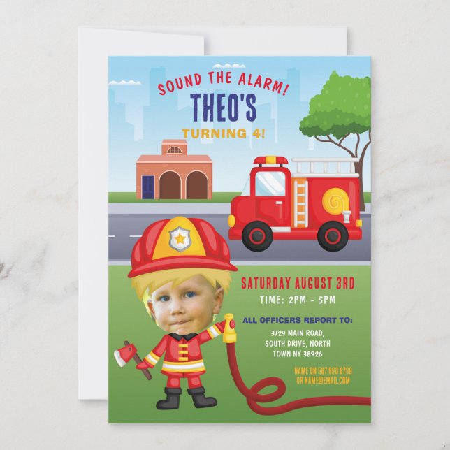 Fire Engine Birthday Fireman Party Face Photo Invitation (Front)