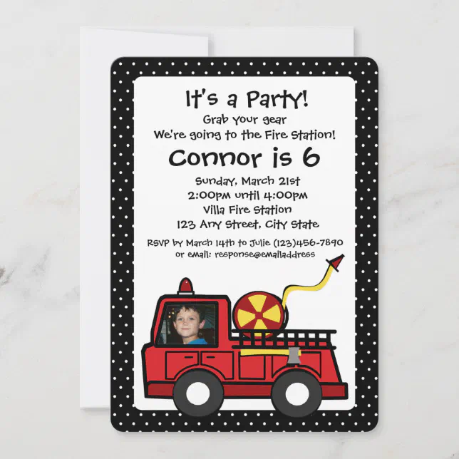 Fire Engine Birthday with Photo Invitation | Zazzle