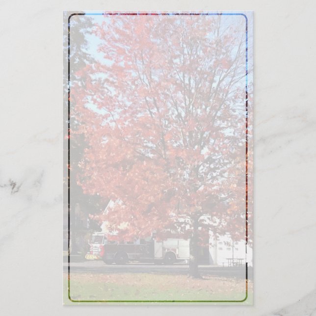 Fire Engine by Fire Station in Autumn Stationery (Front)