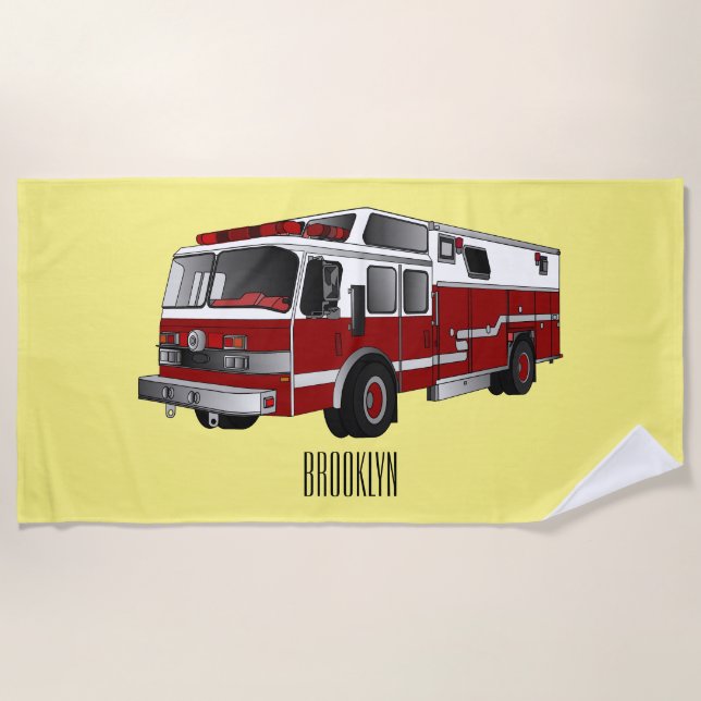 Fire engine cartoon illustration beach towel (Front)