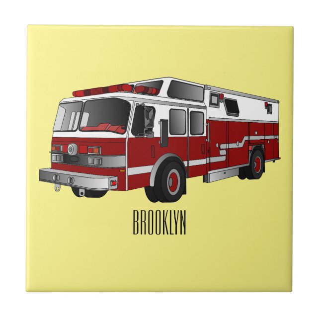Fire engine cartoon illustration ceramic tile (Front)