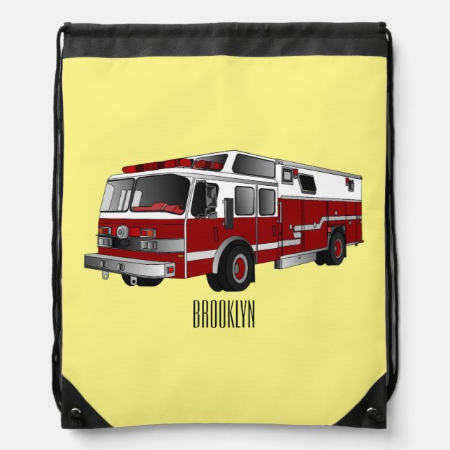 Fire engine cartoon illustration drawstring bag (Front)
