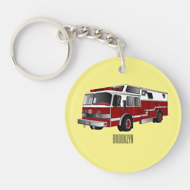 Fire engine cartoon illustration keychain (Front)