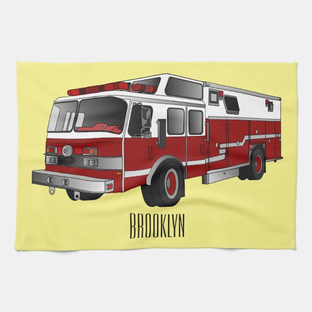 Fire engine cartoon illustration kitchen towel (Horizontal)