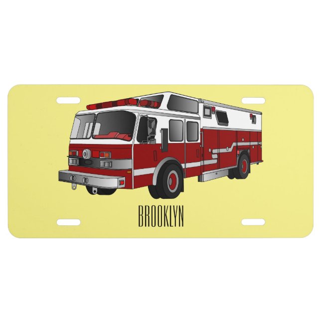 Fire engine cartoon illustration license plate (Front)