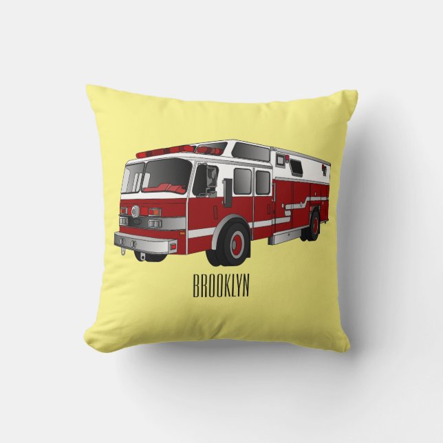 Fire engine cartoon illustration throw pillow (Front)