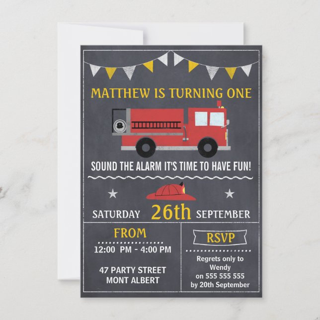 Fire Engine Chalkboard Birthday Party Invitation (Front)