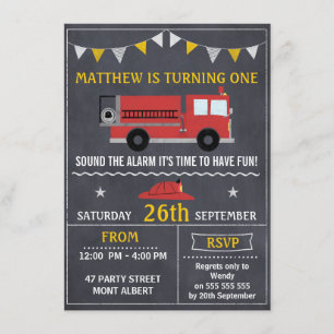 Fire Engine Chalkboard Birthday Party Invitation