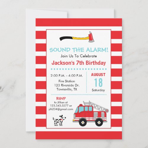 Fire Engine Fire Fighter Birthday Party Invitation
