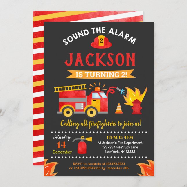 Fire Engine Firetruck Birthday Party Invitations (Front/Back)