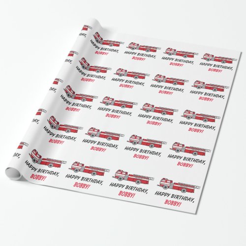 Fire Engine Happy Birthday Name Customizable Wrapping Paper