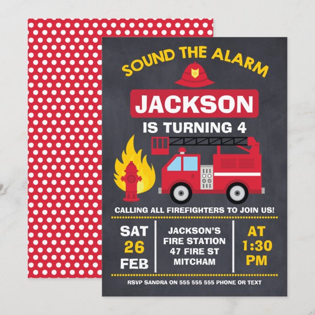 Fire Engine Or Fire Truck Birthday Invitation (Front/Back)