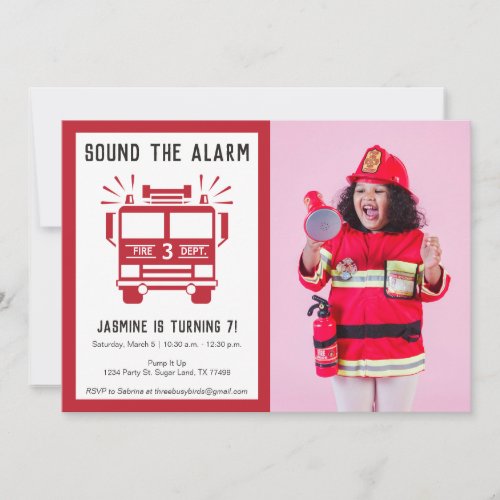 Fire Engine or Fire Truck Photo Birthday Party Invitation