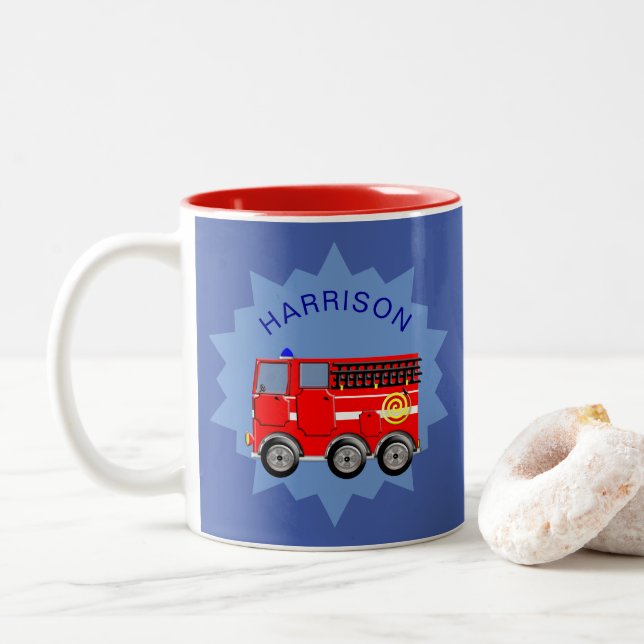Fire Engine Personalized Boys Cute Two-Tone Coffee Mug (With Donut)