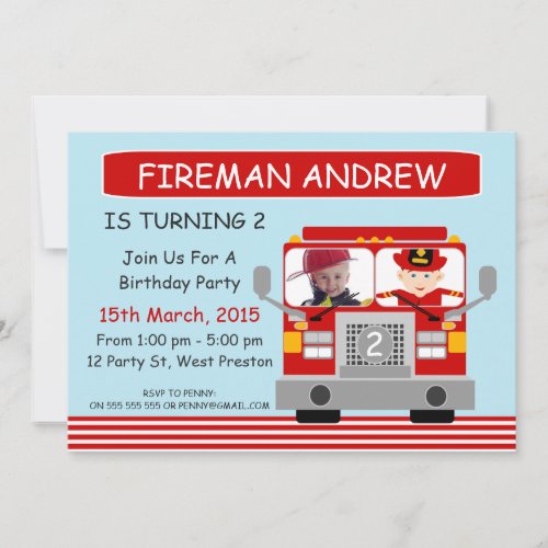 Fire Engine Photo Birthday Invitation