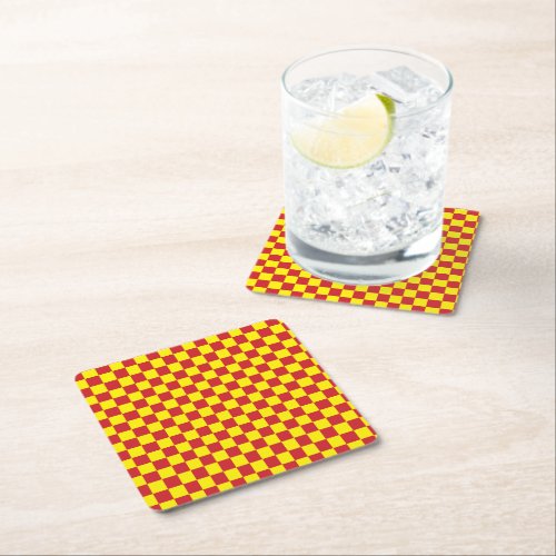 Fire Engine Red and Yellow Checkered Vintage Square Paper Coaster
